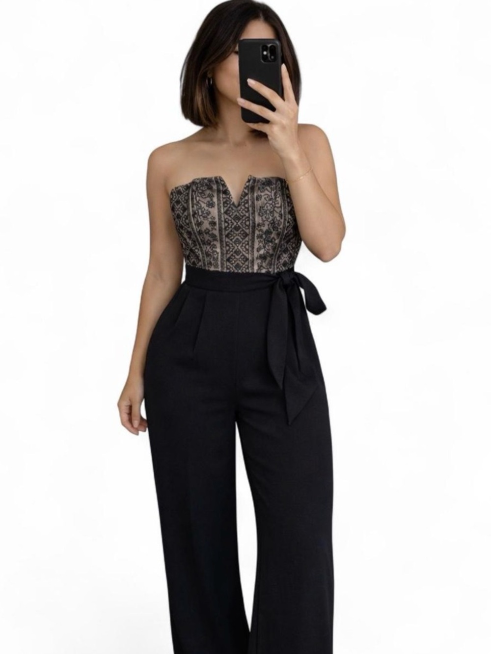 miami Black Strapless Wide-Leg Jumpsuit with Embroidered Bodice